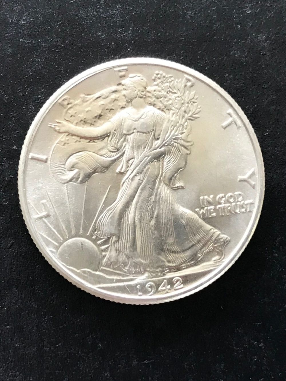 1942 P Walking Liberty Half Dollar, Unc, 90% Silver, Lt Gold Tone, ?Low-Mid MS